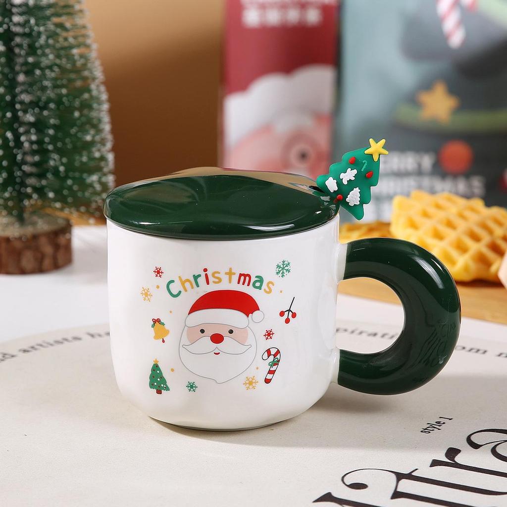 Santa Claus Ceramic Christmas Mug with Lid & Spoon - Cute Cartoon Design