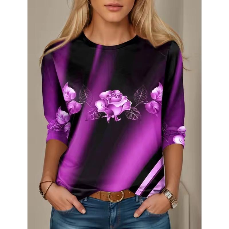 

3D-принт женская футболка с цветочным принтом, красный, синий, фиолетовый, топы с длинным рукавом, праздничные, выходные, модные, с круглым вырезом, стандартный крой, весна и осень 5XL фиолетовый