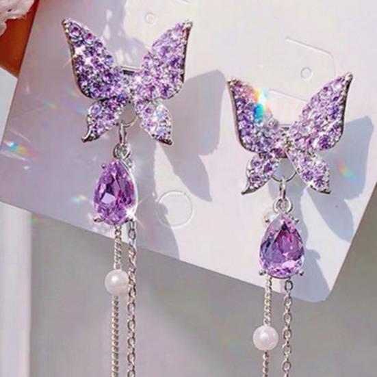 1 Pair Shining Rhinestones Chain Tassel Lady Earrings Vivid Butterflies Imitation Pearls