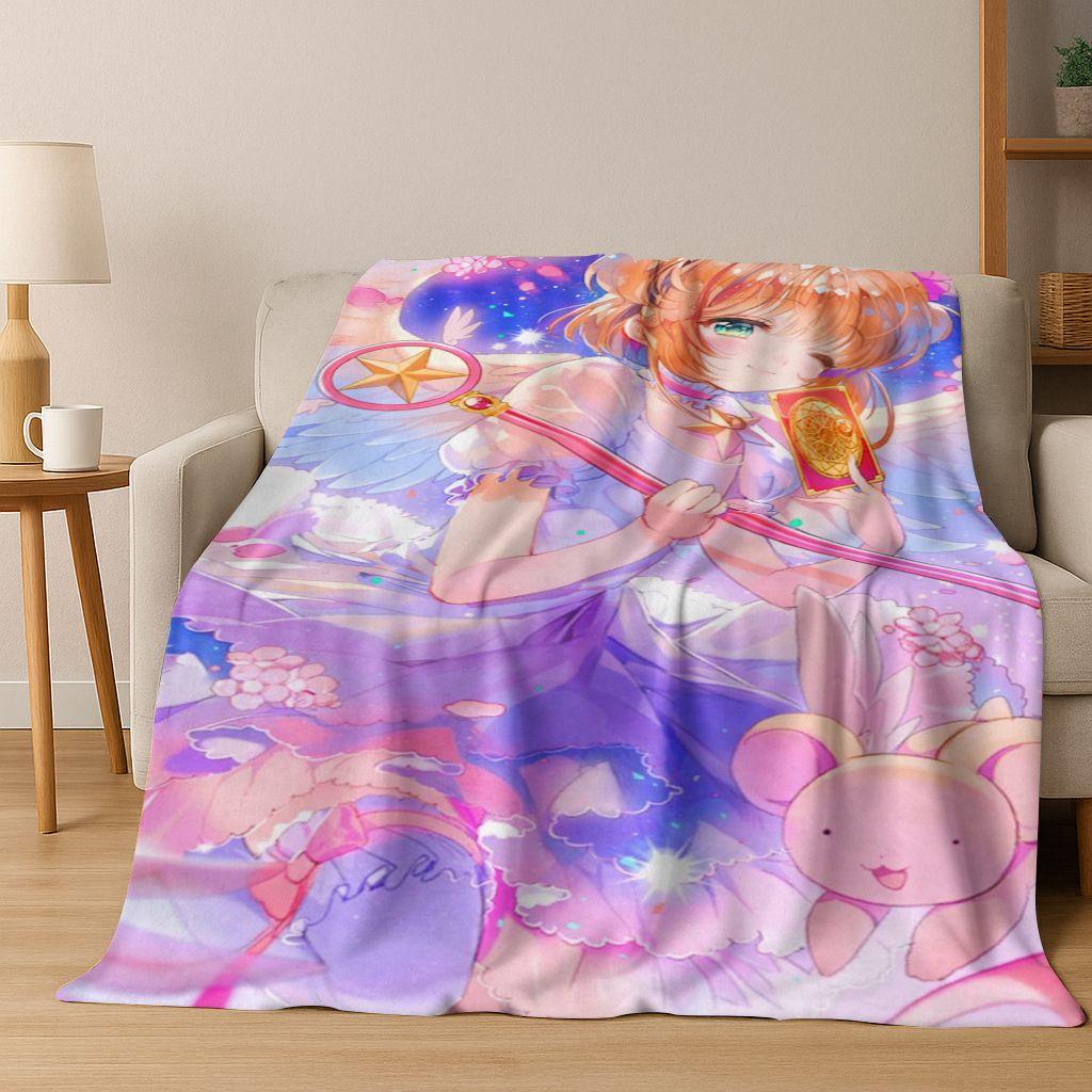 Cute Cartoon Card Captor Sakura Magic Girl Anime Art Flannel Blanket,Cozy Soft Throw Blanket for Home Bedroom Bed Sofa Cover Kid