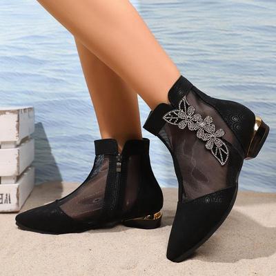 Luxury Glitter Flower Breathable Mesh Boots Women 2025 Summer Sexy Pointed Toe Low Heel Ankle Boots Side Zip Black Booties