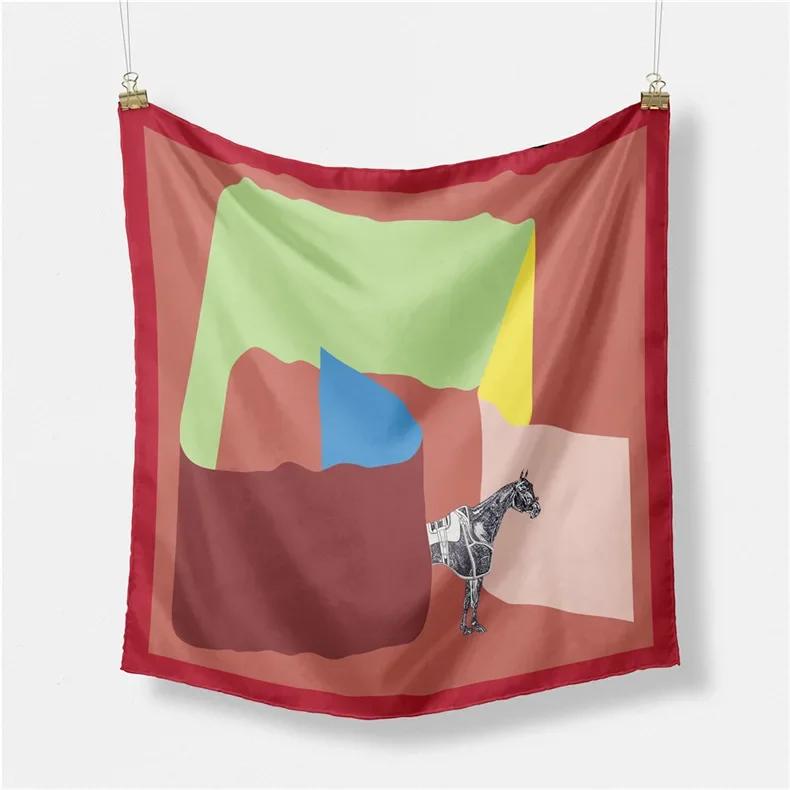 Luxury Horse Print Silk Square Scarf Women Spring Neck Tie Shawl Wraps Female Hair Hand Wrist Headkercheif Hijab Bandana