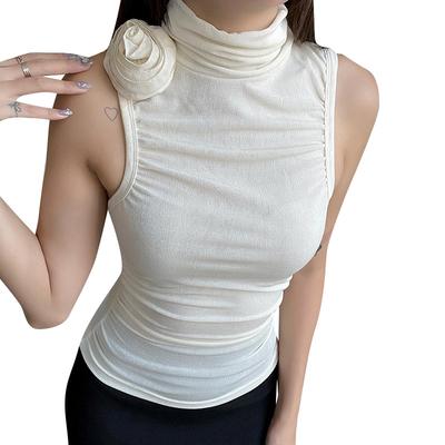 Flower Pleated High Neck Sleeveless Tank Top INS Small Summer Solid Fit Spicy Girl Top