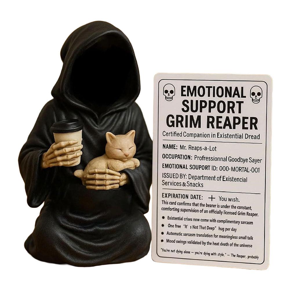 Emotional Support Grim Reaper Figurine with Support Card Gothic Skeleton Statue Desktop Ornament for Halloween Home Office Decor