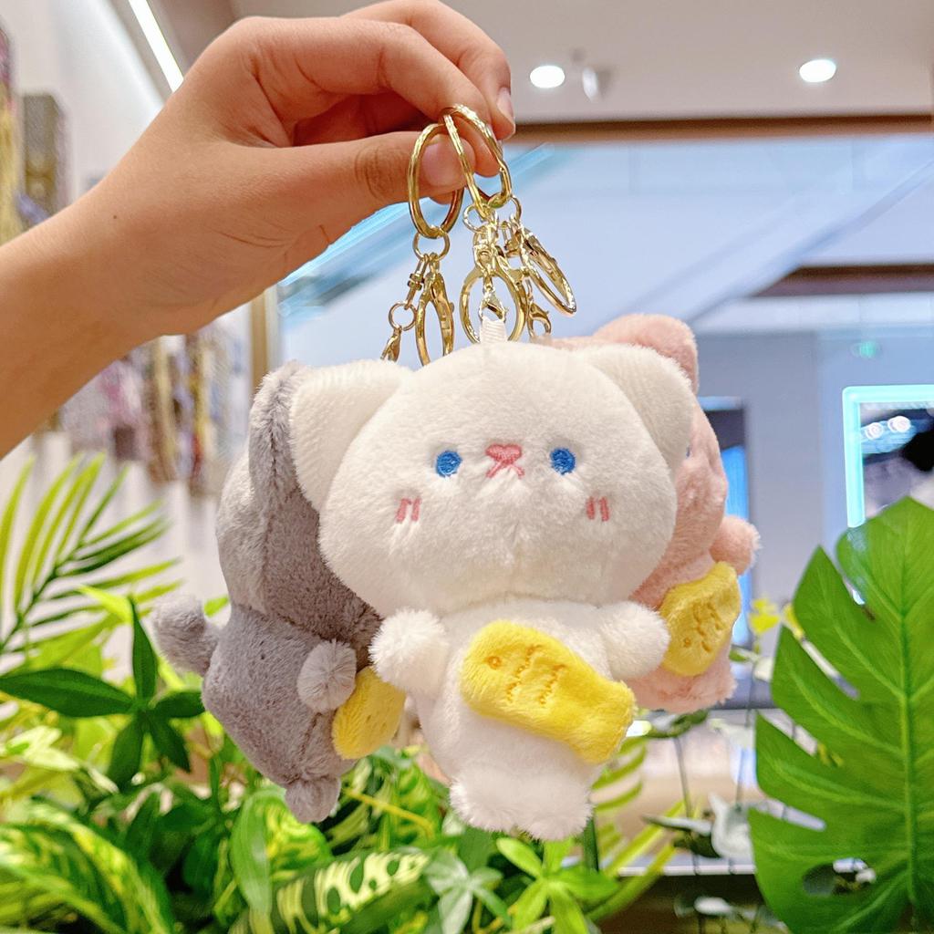 Cute Cat Mimi Plush Keychain: Hugging Fish Backpack Ornament Doll