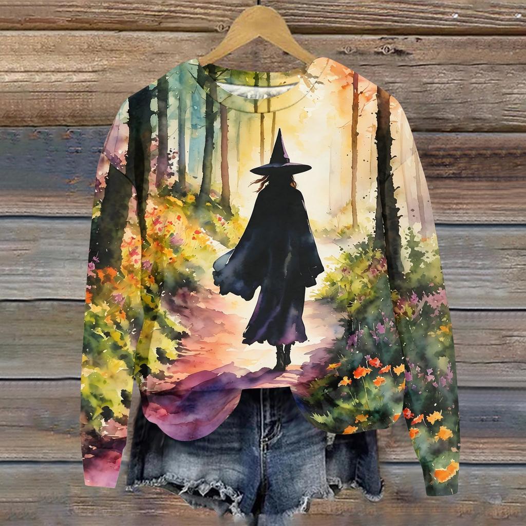 Women's Halloween Print Long Sleeve Neck T-Shirt