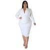 Plus Size European & American Fashion Casual Solid Color V-Neck Long Sleeve Dress