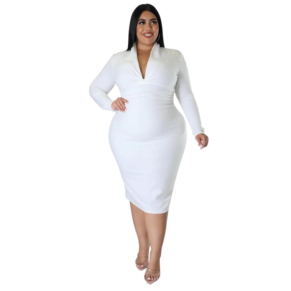 Plus Size European & American Fashion Casual Solid Color V-Neck Long Sleeve Dress