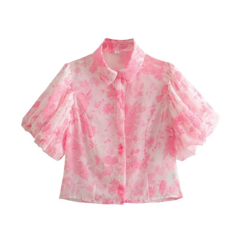 

Kaslead Fashion Casual Polo Collar Puff Sleeve Top Flower color L