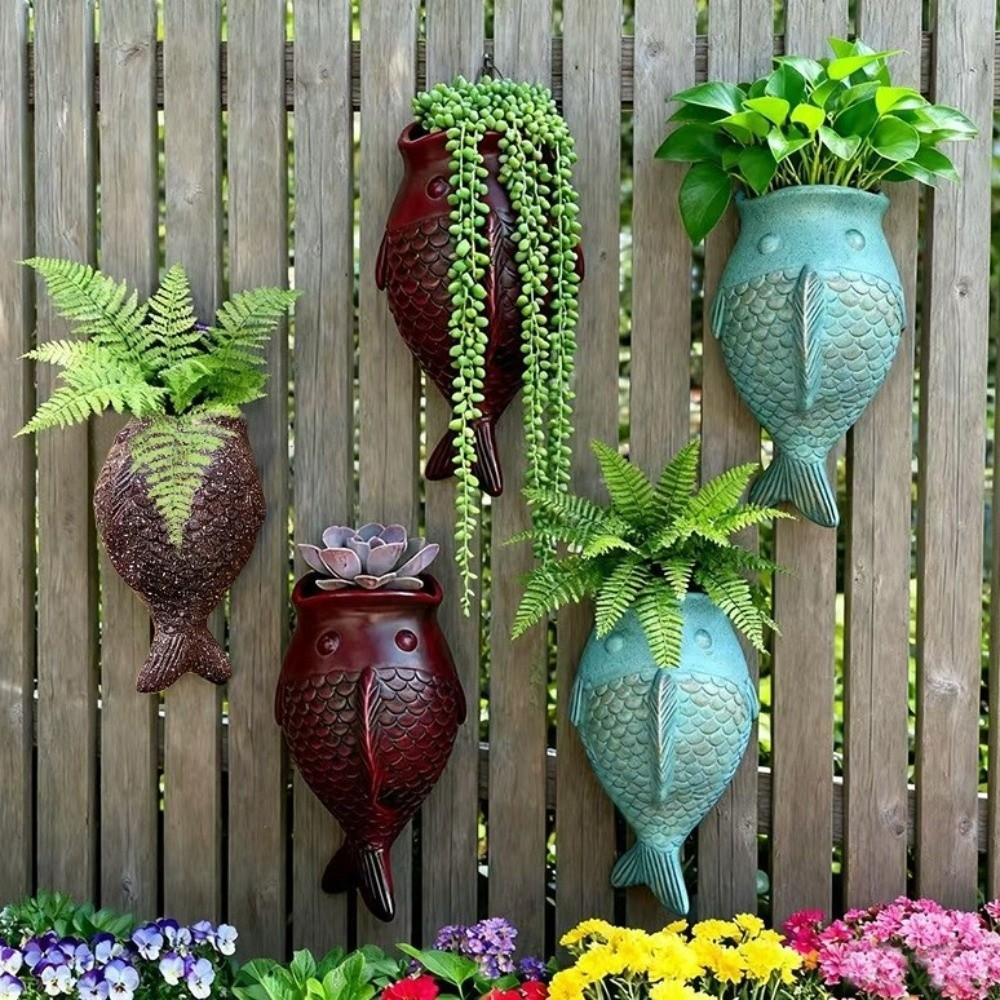 Adornos de Peces Estilo Rústico Macetero de Pared sin Taladro Cerámica Floral Decorativa Única Exterior