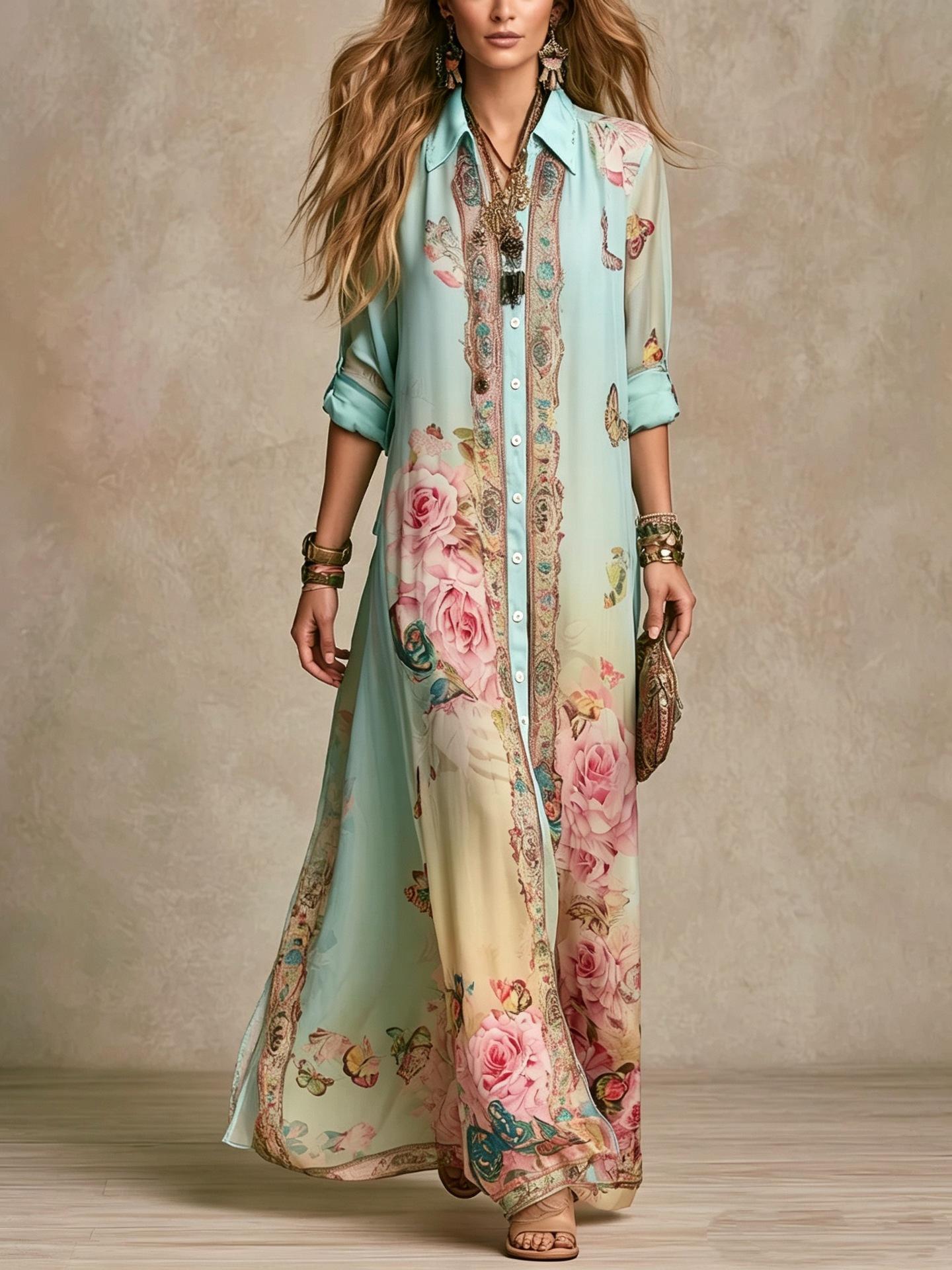 European and American new digital printing fresh retro elegant women s dress S