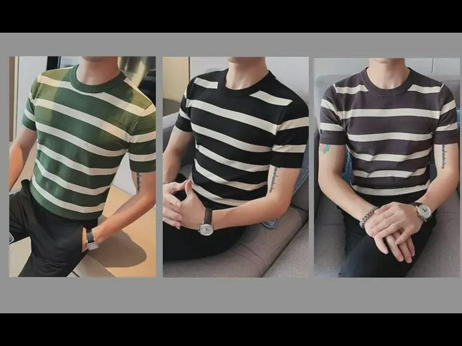 Men's Green Striped Ice Silk Slim-Fit T-Shirt - Summer Half-Sleeve