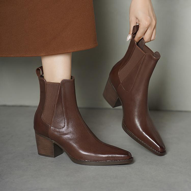 French pointed retro thick heel short boots women's 2025 autumn and winter cowhide high heel Chelsea boots versatile and thin Martin boots
