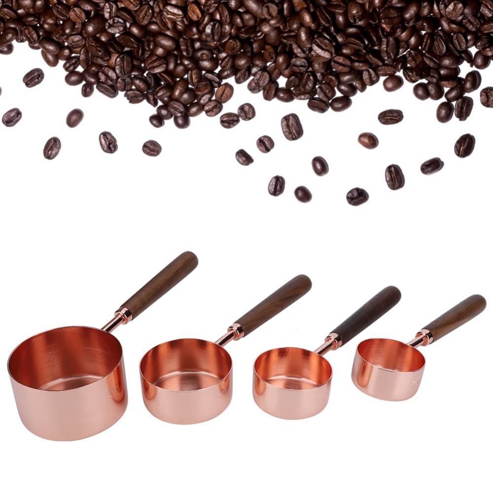 4PC Set Wooden Handle Measuring Spoon Set Rose Gold Finish Nesting Measuring Cups  For Baking