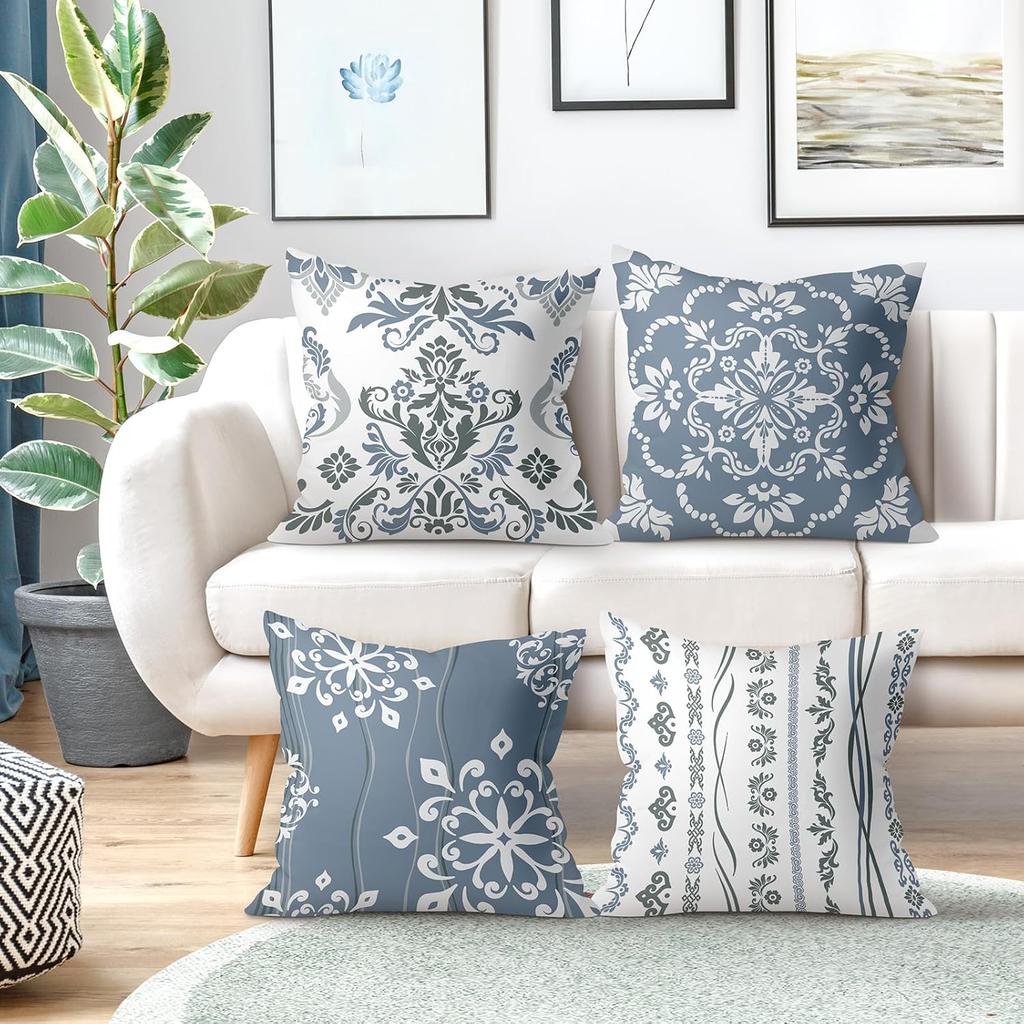 4 Stück Blau-Graue Damast-Kissenbezüge, Vintage Florale Kissenhüllen für Sofa Schlafzimmer Wohnzimmer Heimdekoration 45x45cm