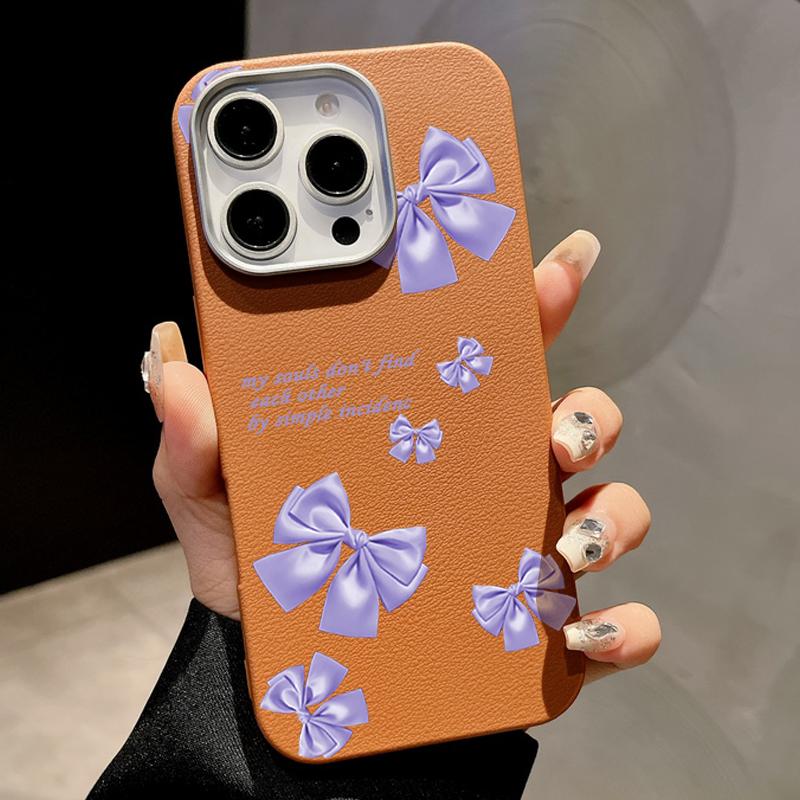 Purple Bowknot Print TPU Leather Texture Slim Magnetic Case For iPhone 16 Pro Max 15 14 Pro 13 12 11 for MagSafe Matte Shockproof Soft Phone Cover