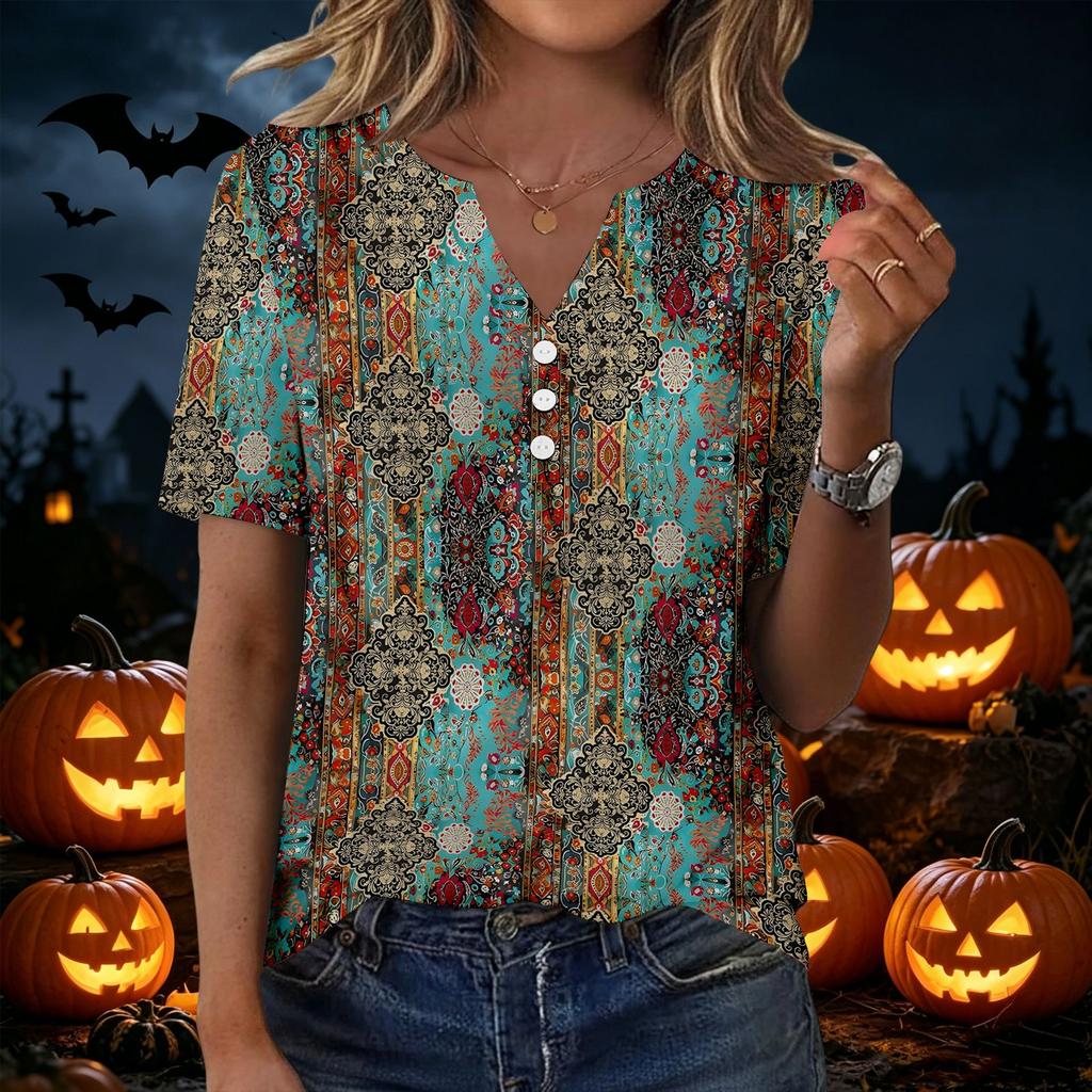 Women's Halloween Printed V-Neck Short Sleeve T-Shirt with Pocket, Loose Fit