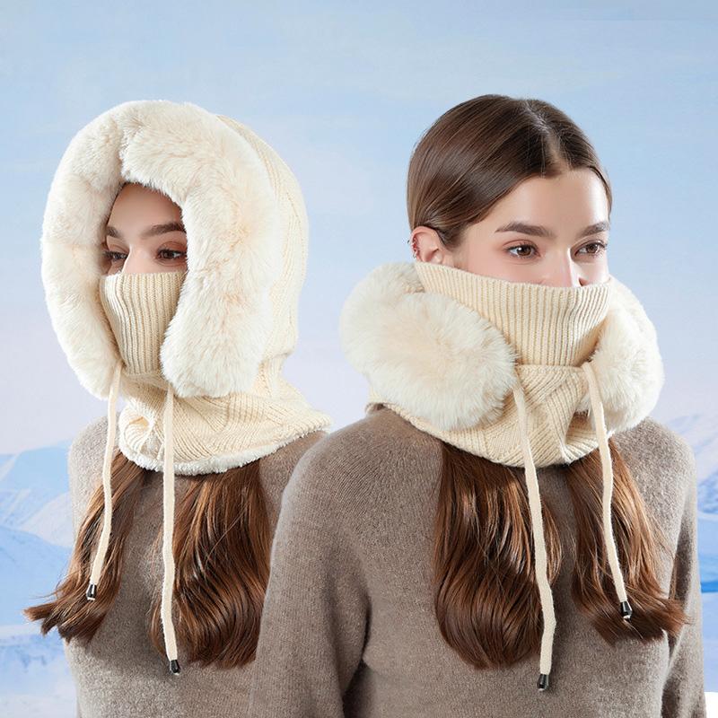 Winter Warm Mask Scarf Integrated Cap Outdoor Windproof Knitted Cap Women's Ear Protection Wool Cap