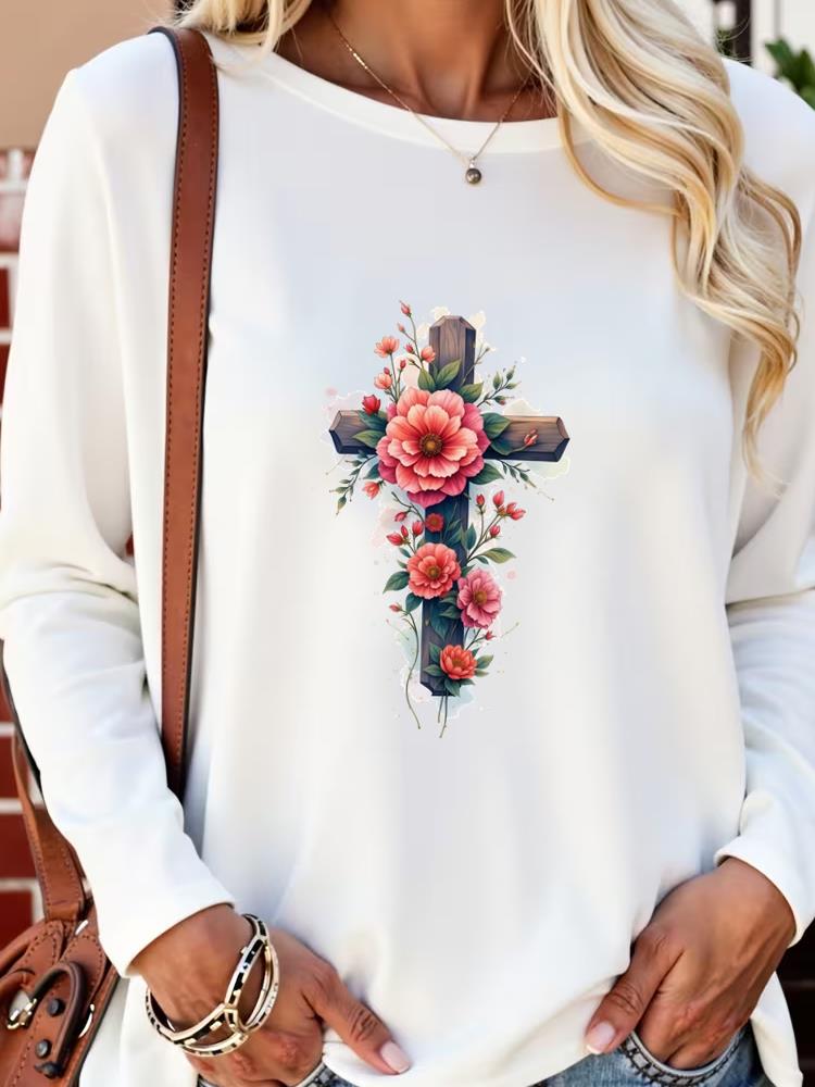 (Asian Size) faith trend flower autumn winter spring Casual Fashion Print T Shirt Tee Women Clothing Top o-neck Graphic Long Sleeve T-shirts