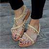 Sommer Neu Damen Große Größen Flache Strandsandalen Runde Zehenpartie Perlen Zehenschlaufe Mode Freizeit Schuhe