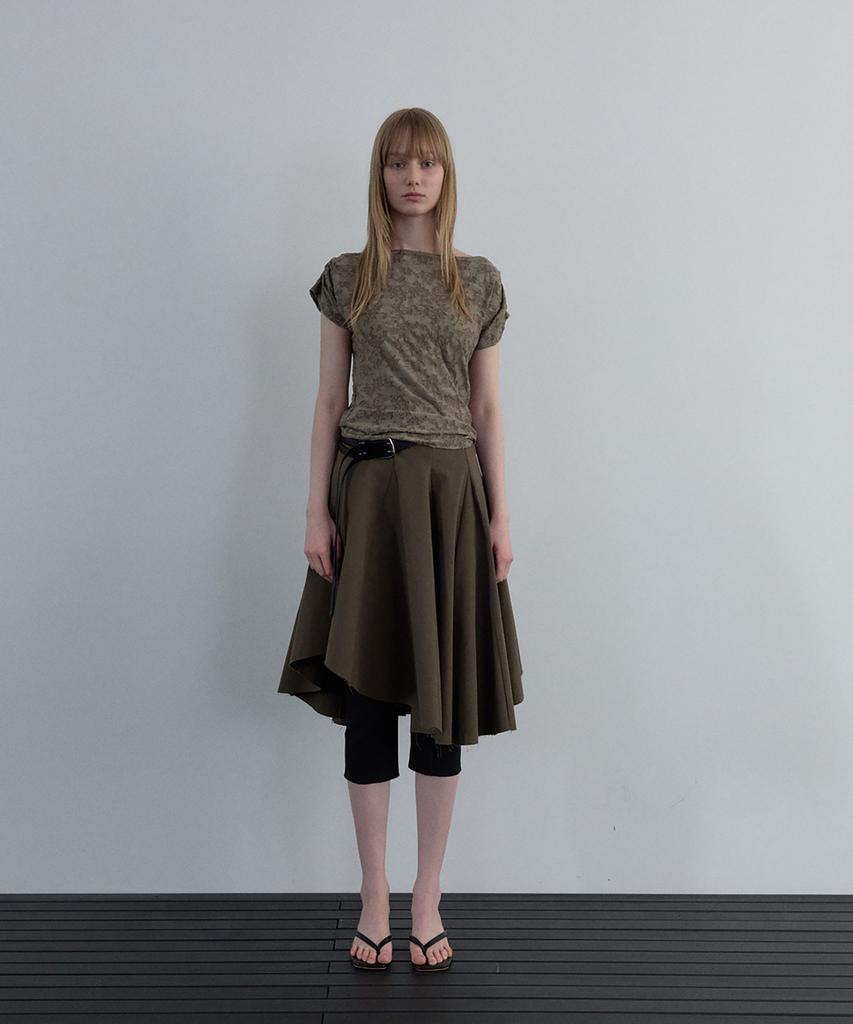 Unessin Asymmetric Cutting Midi Skirt_Khaki
