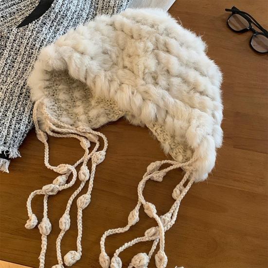 Women Hat Solid Color Rabbit Fur Blend Tassel Knit Hat Comfortable Stretch Fit Autumn Winter Skiing Warm Hat