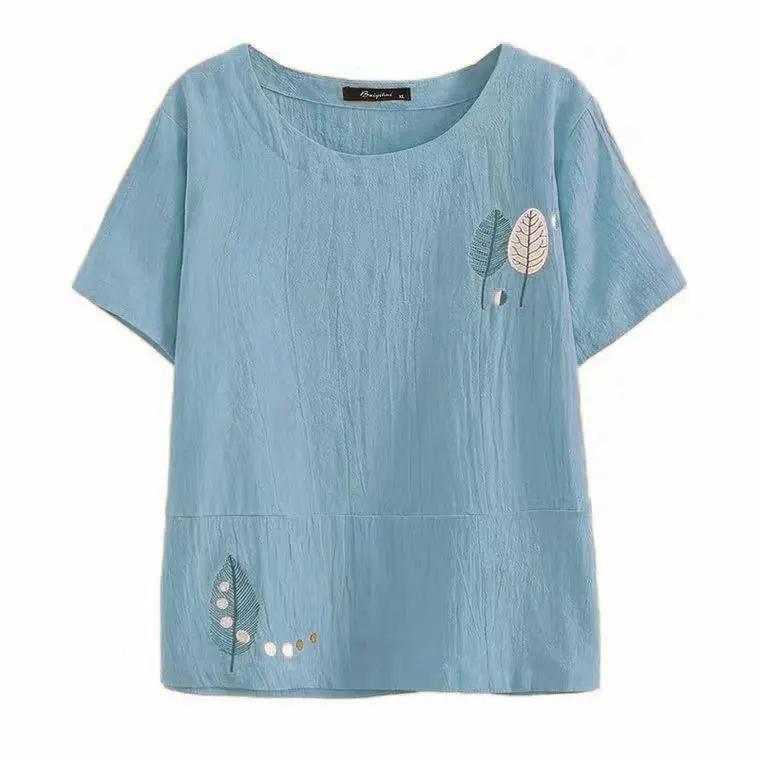 Baumwoll-T-Shirt Sommer Literarisches Kurzarm-Damen-Besticktes Großformat-Nähte-All-Match-Oberteil L blau