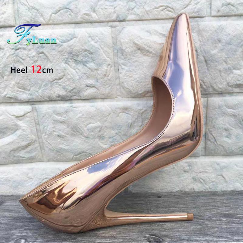 Europe and America New Pointed Single Shoes Women Champagne Gold Party Dress High Heels 8CM 10CM 12CM Mirror PU Stiletto Pumps