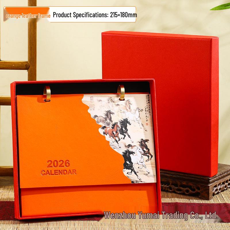 

2026 Настольный календарь в китайском стиле с кожаной рамкой - Креативное бизнес-украшение для рабочего стола, ежемесячный рекламный календарь 2026