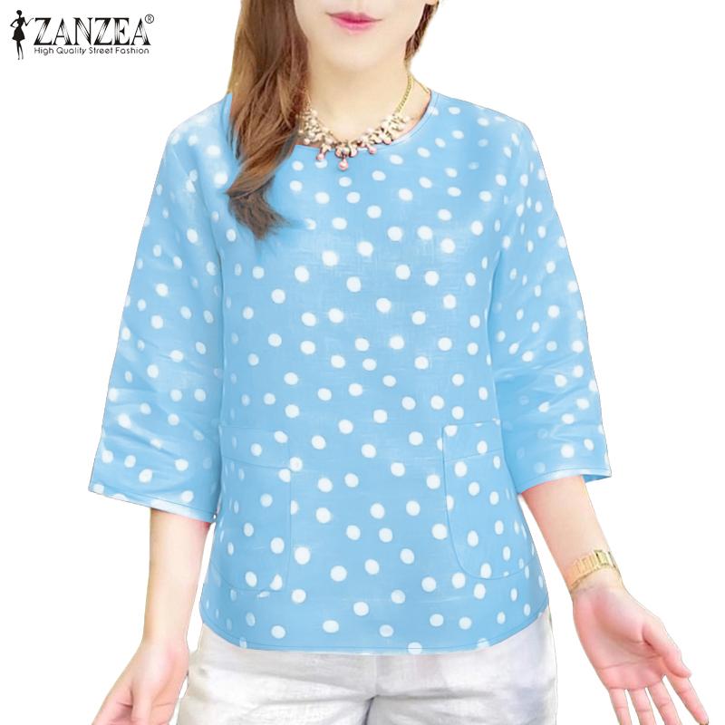 

ZANZEA Women Casual Round Neck 3/4 Sleeve Loose Polka Dot Blouse S жёлтый