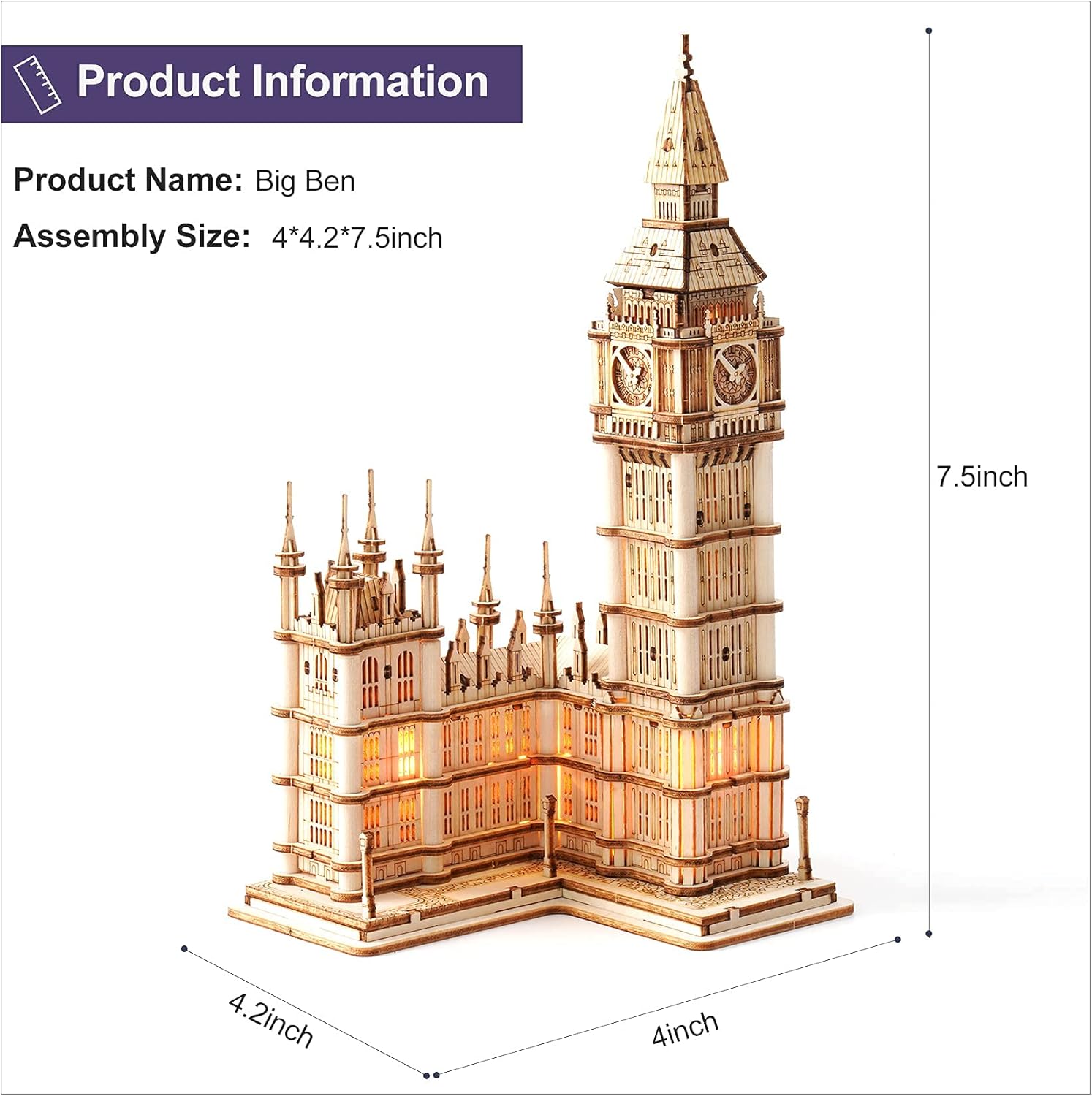 

Robotime Big Ben kit 3D Puzzle Wooden Craft Kits DIY Construction Model Kit with LED Light Birthday Gifts for Adults Teens белый