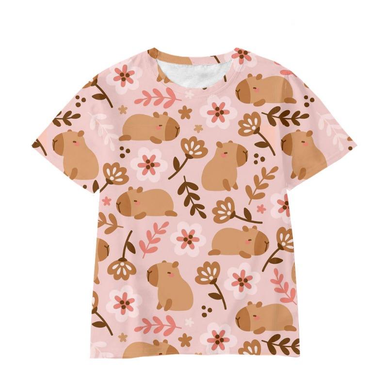 Children's T-Shirt Girl Capybara Printed Little Girl Clothes Short Sleeve Children Top O-Neck Tight T-Shirt Fashion Girl T-Shirt