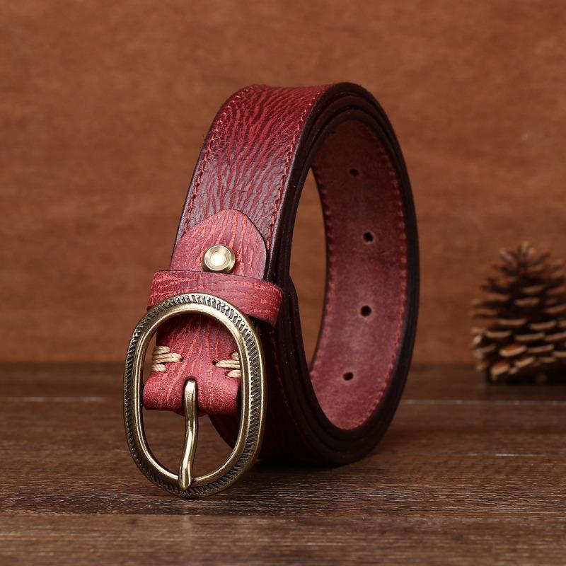Women's Genuine Leather Engraved Copper Buckle First Layer Cowhide Casual Personality Retro Denim Thin Belt