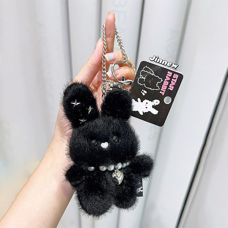 With Rabbit Pearl Necklace Plush Keychain Toy Pendant Cartoon Doll Kids Gift