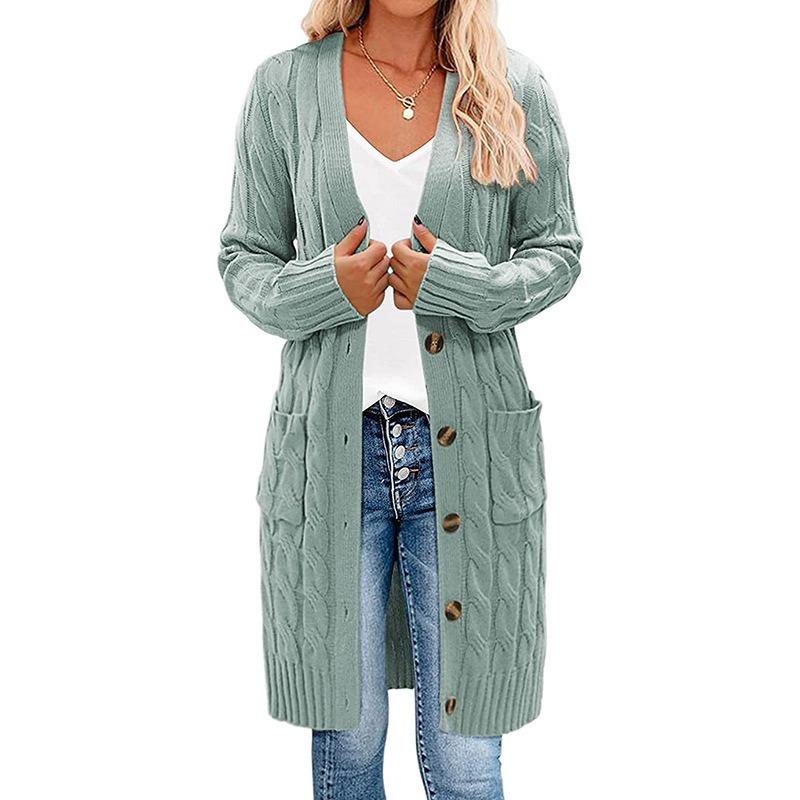 Damen S Lang V-Ausschnitt Knopf Tasche Strick Cardigan Pullover