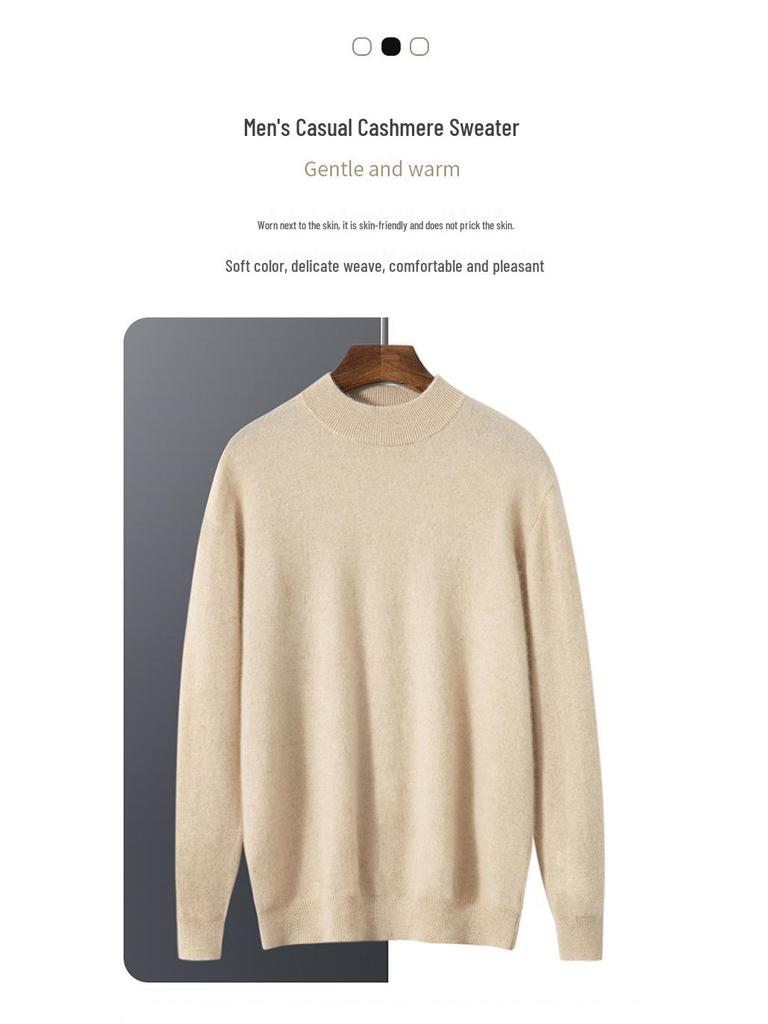 Men's Autumn Winter Wool Cashmere Pullover Sweater, Half High Neck, Solid Color, Plus Size