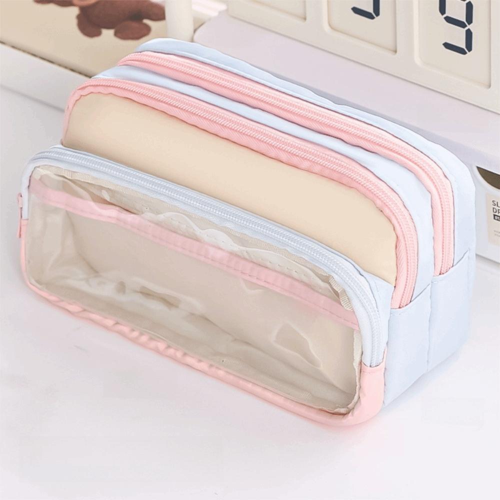 Color-Block Pen Bag Transparent Pocket Multi-layer Pen Pouch New Pencil Case  Girl
