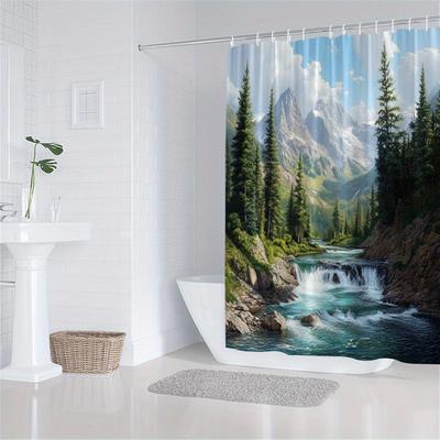 Nature Shower Curtain 180x180cm – Serene Mountain Landscape with River & Pines, Scenic Bathroom Decor, 12 Hooks