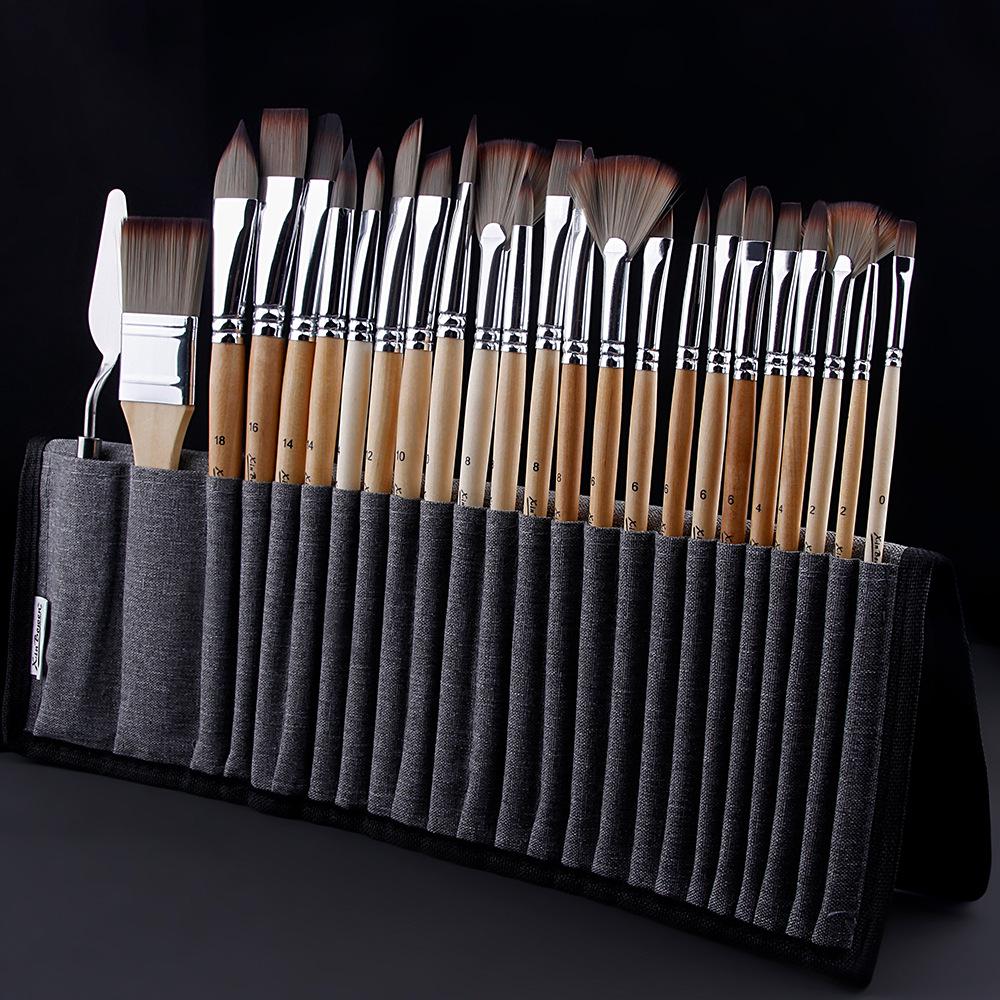 25-Piece Portable Wood Paintbrush Set for Art Studio and Sketching