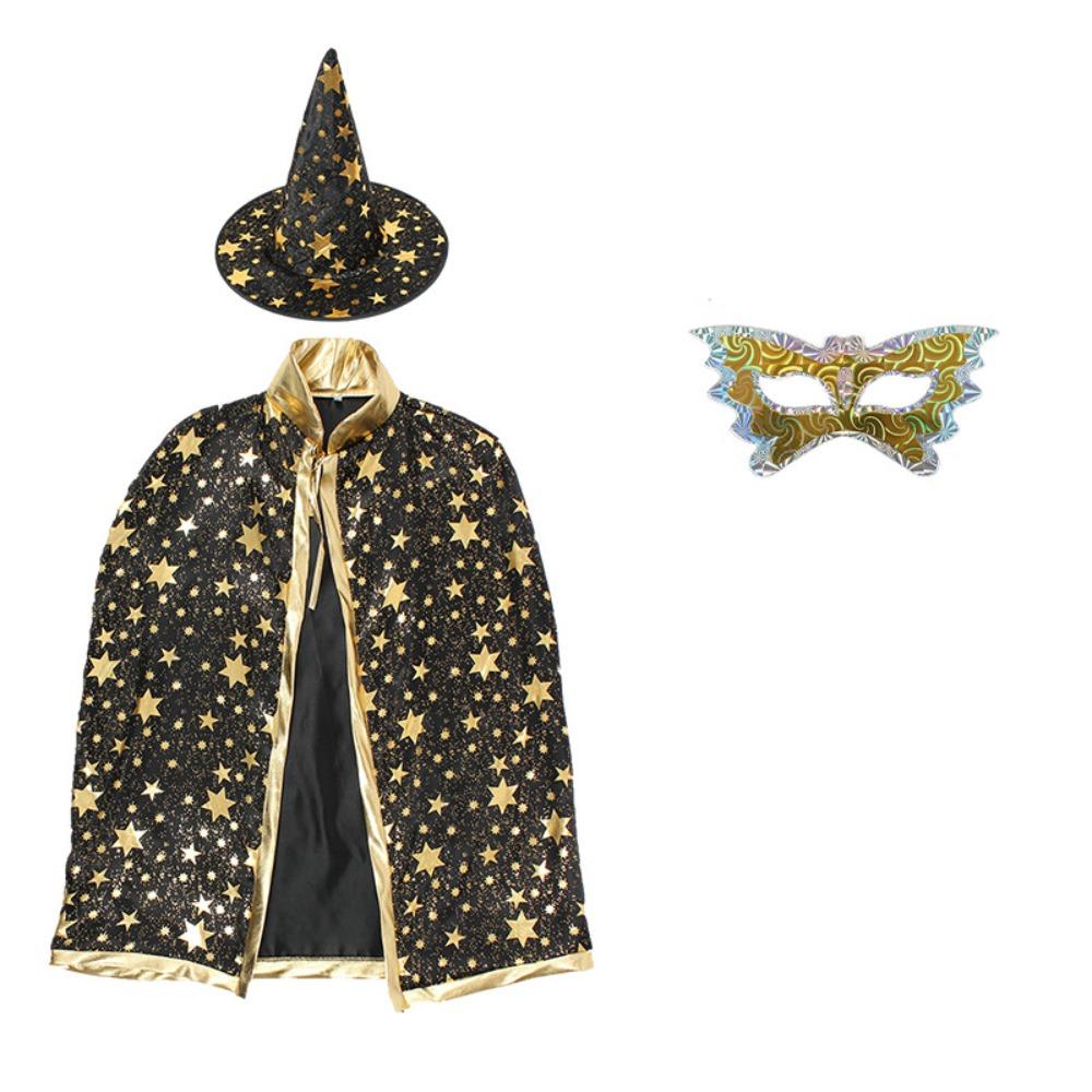 3pcs Bronzing Star Wizard Cloak Hat Eye Mask Set Magician Role-Play Costume Kit Party Costume