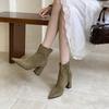 2025 Autumn and Winter New European and American Pointed Thick Heel High Heel Temperament French Fashion Suede Sexy Beautiful Women Short Boots