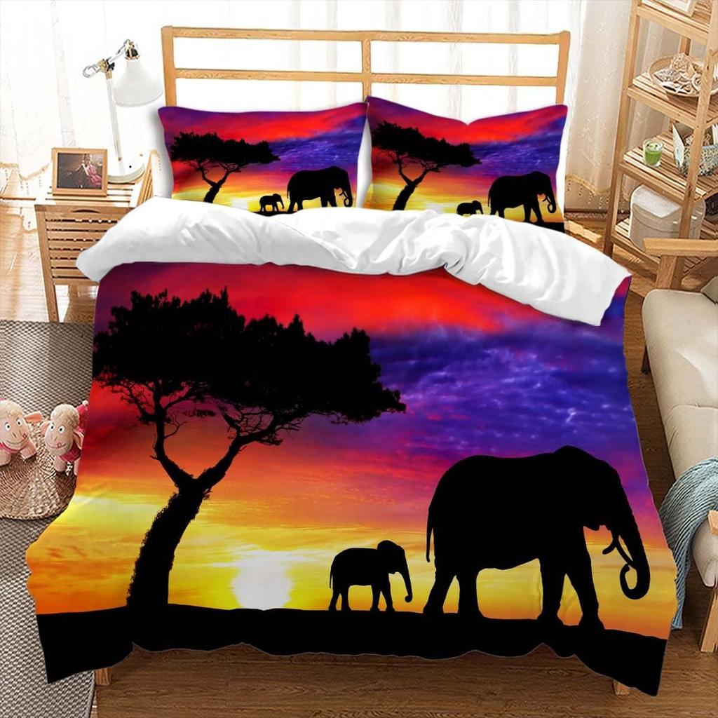 3D Printed Elephant Duvet Cover Queen King Size Elephant Snow Mountain Pattern Bedding Natural Green Grassland 3 Piece Set