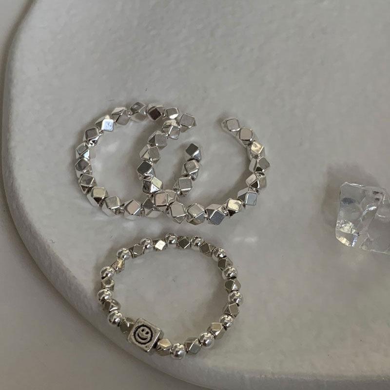 S925 Stunning Silver Geometric Open Adjustable Ring For Women With Elegant Smiley Design Face