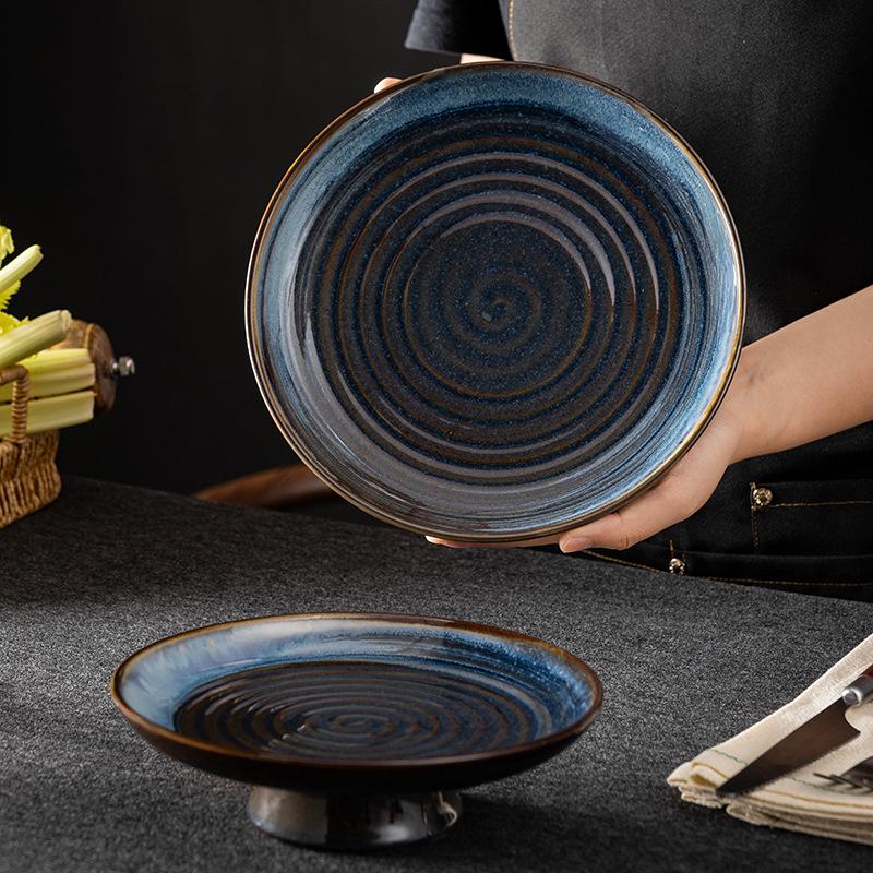 Retro Ceramic Glaze Dessert Plate | High-Foot Nostalgic Tableware for Snacks, Fruit & Pastry