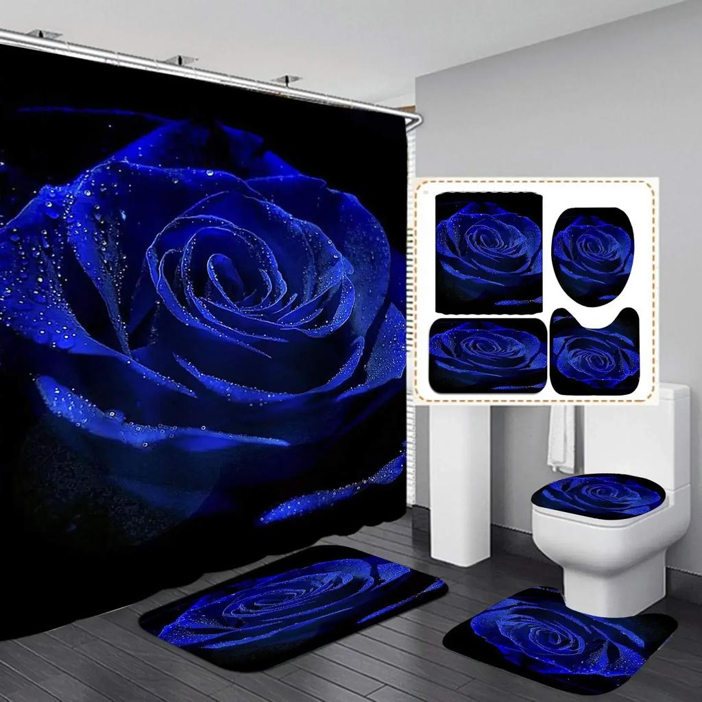 Blaue Rosenblumen Wasserdichtes Badezimmer Duschvorhang-Set Polyester Toilettensitzbezug Bad Rutschfeste Matte Teppich Teppich Heimdekoration