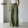 Bequeme Hose Baumwolle Leinen Weites Bein für Damen, Lockerer Knopf Elastischer Bund Arbeitsbund Freizeit Hose, Einfarbige Palazzo mit Taschen