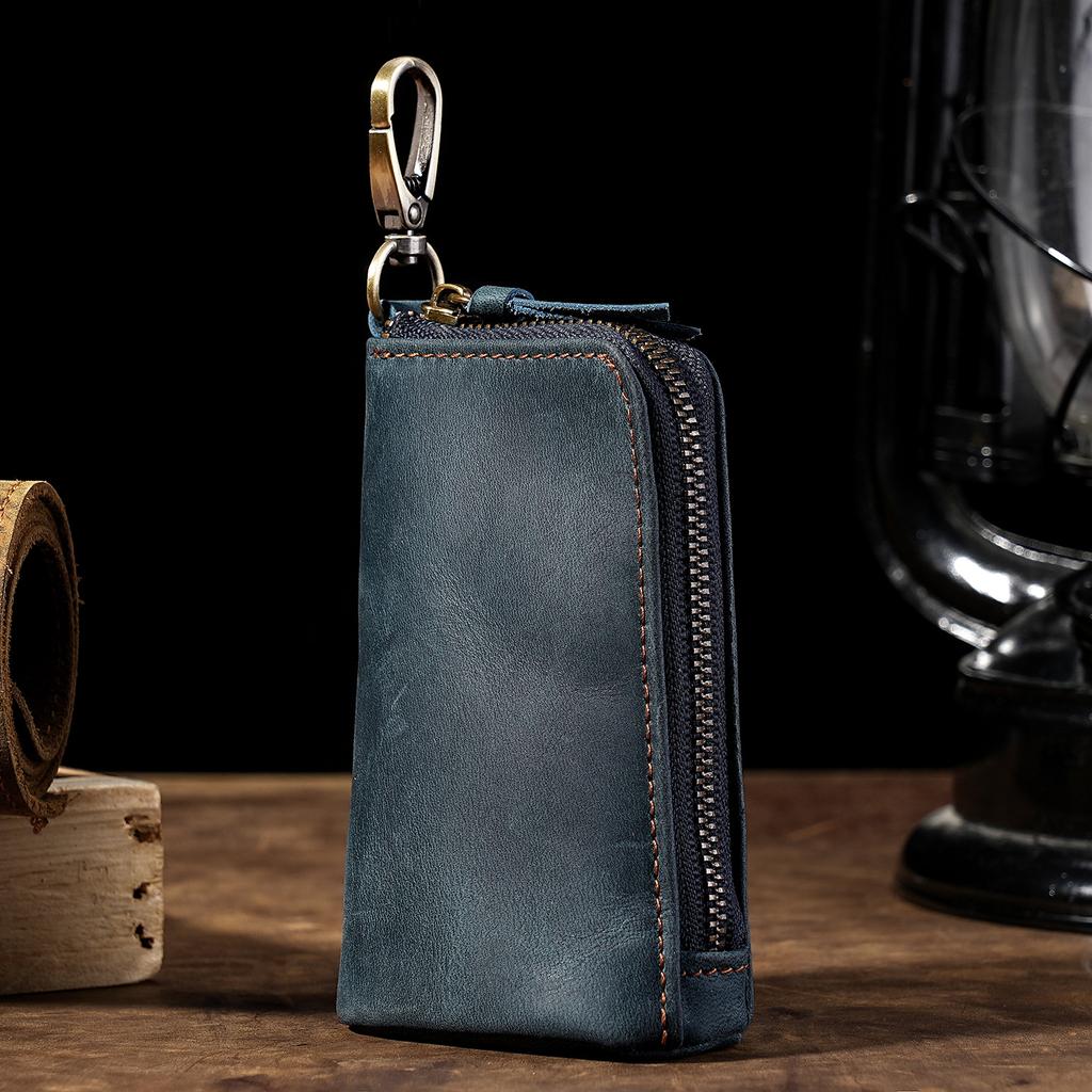 Carabiner-Attachable Crazy Horse Leather Key Pouch, Vintage Bucket Zipper Key Holder, Bag-Mountable Key Organizer Wallet Unisex