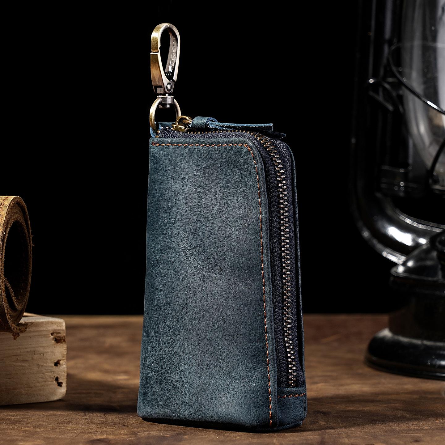 Karabijnhaak-Bevestigbare Crazy Horse Leer Sleuteletui, Vintage Emmer Rits Sleutelhouder, Aan Tas Bevestigbare Sleutel Organizer Portemonnee Unisex