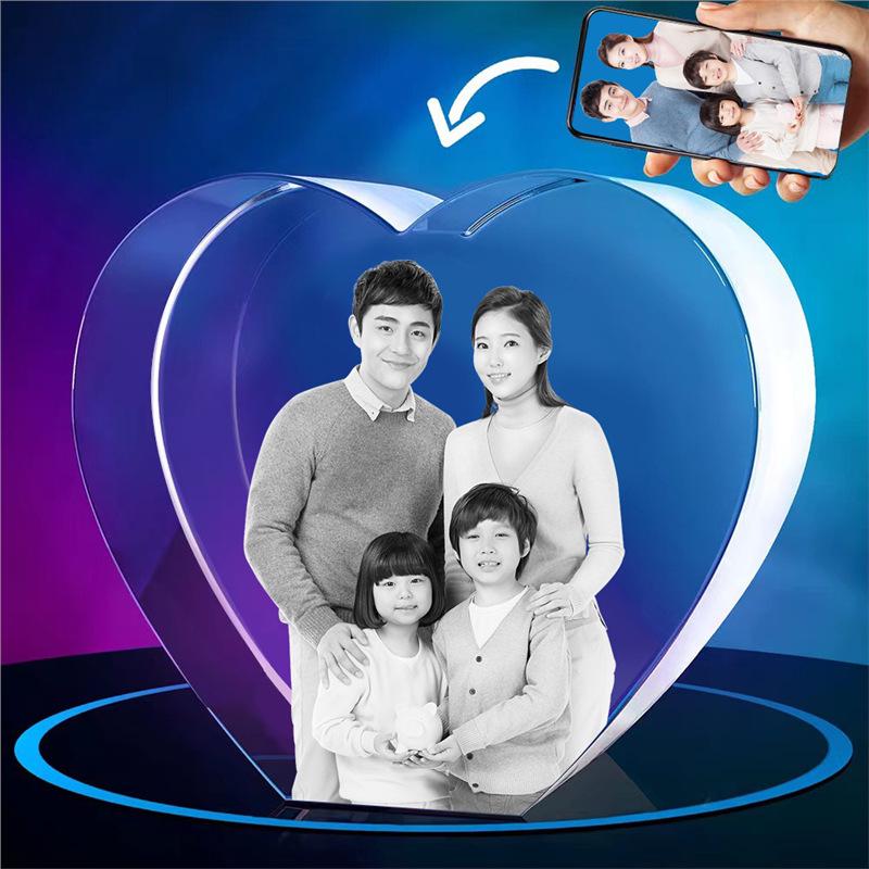 LED Heart-Shaped 3D Crystal Photo Engraving - DIY Laser Engraved White Crystal