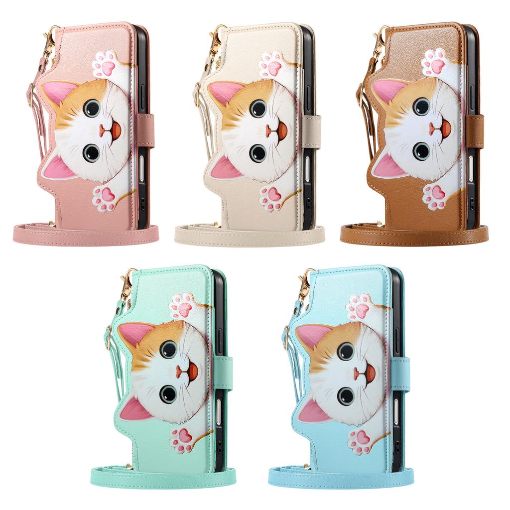 Cute Cat Crossbody long Lanyard Flip Wallet Leather Case for iPhone 17 Pro max 16 15 14 13 12 11 Shockproof Book Stand Cover